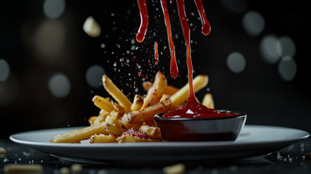 Mouth-watering crispy french fries drizzled with rich ketchup, perfect for any snack or meal. Ideal for food photography or restaurant menus.の素材