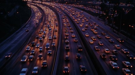 Aerial view of an urban freeway during the evening rush hour, showcasing a sea of vehicles with headlights glowing, capturing the essence of city life and transportation dynamics.の素材