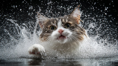 A lively cat creates a delightful splash in water, showcasing its playful spirit. Captured in an energetic moment, this photo highlights the cat's fur and expression.の素材