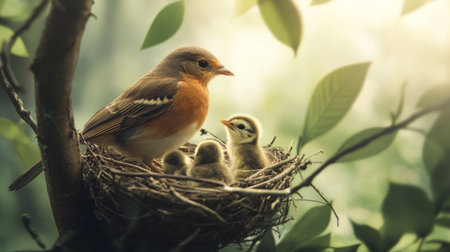 A serene scene of a mother bird tending to her young chicks in a nest. Surrounded by lush leaves, this image captures the essence of nurturing and wildlife beauty.の素材