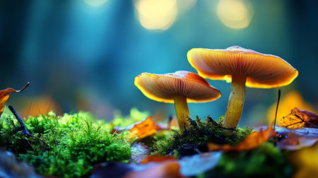 Discover glowing mushrooms nestled in lush moss, illuminated by soft sunlight in a tranquil forest, showcasing natureの素材