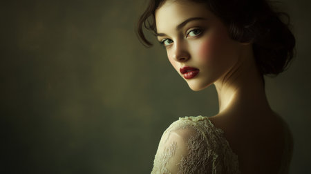 This striking portrait captures the essence of elegance and beauty in a soft, romantic style, highlighting the woman's graceful features and serene expression.の素材