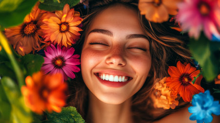 A joyful woman smiles brightly while surrounded by a vibrant array of colorful flowers. The image captures her happiness and connection to nature.の素材