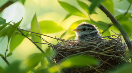 A young bird perches in its nest, surrounded by lush green leaves, capturing a moment of nature's tranquility and the beauty of new life.の素材