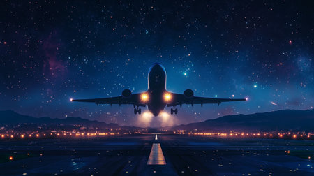 A striking image of an airplane taking off under a starry night sky. The silhouette contrasts beautifully with the illuminated runway, capturing a sense of adventure and travel.の素材