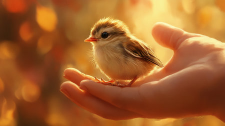 A small, delicate bird stands in the open palm of a hand, surrounded by warm sunlight. This serene moment captures the beauty of nature and tenderness.の素材