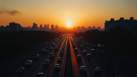 A stunning sunset scene capturing an urban highway filled with vehicles. The golden hues of the sunset create a dramatic silhouette against the city skyline.の素材