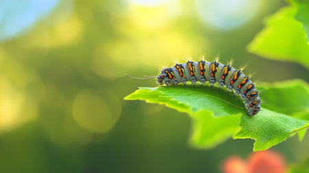 A vibrant caterpillar rests on a green leaf, showcasing intricate details and colors. The soft focus background highlights the beauty of nature.の素材