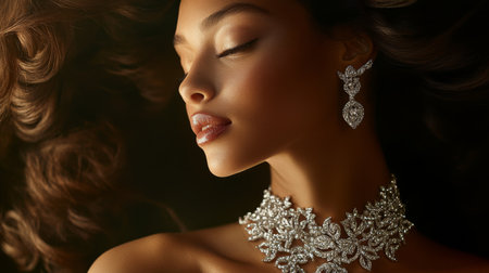 A serene portrait of a beautiful woman adorned with exquisite jewelry, showcasing elegance and luxury. The soft focus highlights her graceful features and radiant complexion.の素材