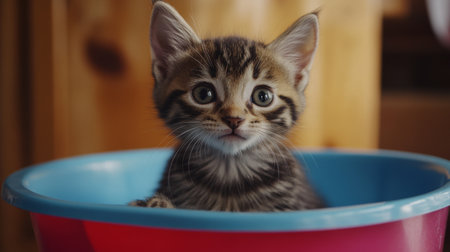 This adorable kitten with striking eyes sits in a colorful bowl, showcasing its playful and curious nature, bringing warmth and joy to any home.の素材