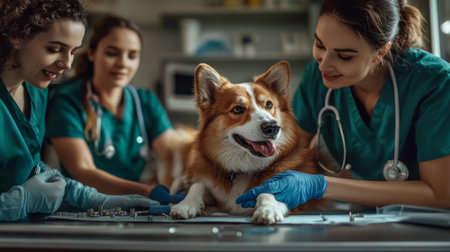 A joyful dog receives attentive care from dedicated veterinarians in a bright clinic. The scene captures compassion and teamwork in veterinary healthcare.の素材