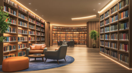 A serene modern library interior featuring rich wooden shelves filled with books, cozy seating, and soft lighting, perfect for reading and study.の素材