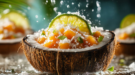 A vibrant tropical dessert served in a coconut shell, featuring fresh fruits, creamy coconut, and a zesty lime garnish. Perfect for summer celebrations!の素材