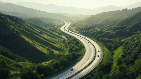 Capture the beauty of a winding road surrounded by lush hills and greenery. Ideal for themes of travel, nature, and serene landscapes.の素材