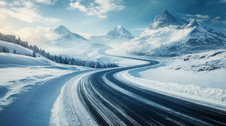 A winding road through stunning snowy mountains under a bright sky. This serene winter landscape invites adventure and exploration in nature's beauty.の素材