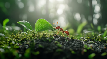 A close-up image of a red ant interacting with a green leaf in a vibrant forest atmosphere, showcasing the beauty of nature and intricate details of life.の素材