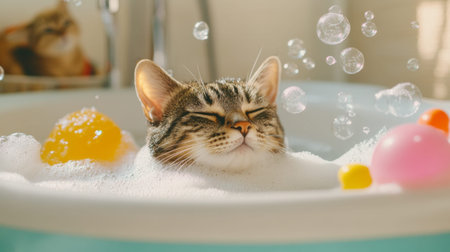 A charming cat revels in a bubble bath, surrounded by colorful toys and bubbles, embodying relaxation and joy in a delightful domestic setting.の素材