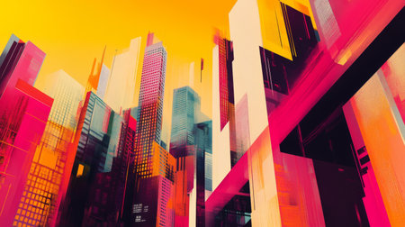 Colorful abstract cityscape featuring vibrant shapes and bold colors. This energetic illustration captures the essence of modern architecture and urban life.の素材