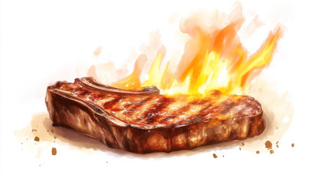 A succulent grilled steak with visible flames creates a mouth-watering effect. Ideal for food lovers, chefs, and culinary themes, showcasing delicious cooking.の素材
