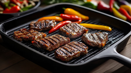 A beautifully arranged plate of grilled meat on a cast iron skillet, garnished with vibrant peppers, showcasing a delicious and appetizing meal perfect for any barbecue enthusiast.の素材