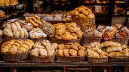 A vibrant display of freshly baked pastries and bread in woven baskets, showcasing a variety of textures and flavors perfect for any bakery or market.の素材