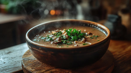 A steaming bowl of rich mushroom soup garnished with fresh herbs, perfect for cozy meals. Enjoy the flavors of comfort and warmth in this rustic setting.の素材