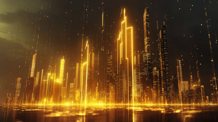 A stunning futuristic cityscape illuminated by golden lights, showcasing towering buildings and a vibrant, digital atmosphere at night. Perfect for projects focused on technology and innovation.の素材