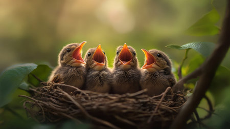 Four baby birds are eagerly singing in their nest, surrounded by lush greenery. This heartwarming scene captures the essence of wildlife nurturing and growth.の素材