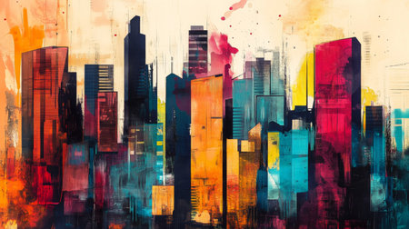 This vibrant abstract painting depicts a colorful city skyline, showcasing bold shapes and contrasting hues, perfect for artistic and modern decor.の素材