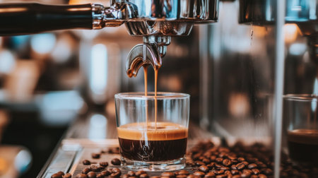 Capture the essence of coffee culture with this image of a freshly brewed espresso shot pouring into a glass. Surrounding coffee beans add warmth and richness.の素材