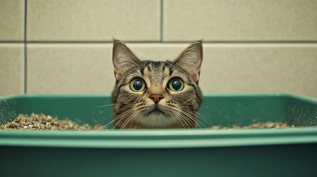 A curious cat peeks out from a litter box, showcasing its big eyes and adorable expression. This image captures the playful and inquisitive nature of domestic cats.の素材