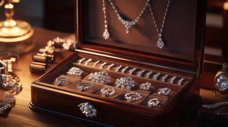 A beautiful array of elegant jewelry displayed in a vintage wooden box. This luxurious collection features intricate designs with shimmering gemstones and diamonds. Perfect for showcasing opulence and timeless beauty.の素材