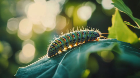 A colorful caterpillar rests on a leaf with soft background lights, showcasing the beauty of nature in a tranquil setting. Perfect for wildlife themes.の素材