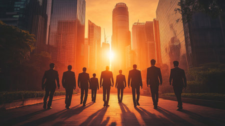 A group of businessmen walking towards a stunning sunset in a modern city, embodying ambition, teamwork, and the journey towards success in their careers.の素材