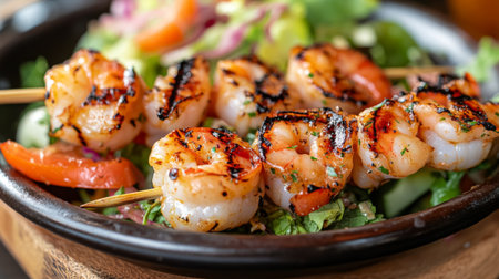 Indulge in delicious grilled shrimp skewers served with a colorful fresh salad. A perfect healthy meal for summer gatherings, showcasing vibrant flavors.の素材