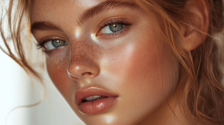 A striking close-up portrait showcasing the beauty of a young woman. Soft light enhances her natural features, highlighting freckles, glowing skin, and captivating eyes.の素材