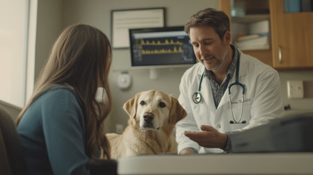 A caring veterinarian interacts with a dog and its concerned owner in a warm clinic setting, showcasing trust and professional care for pet health.の素材