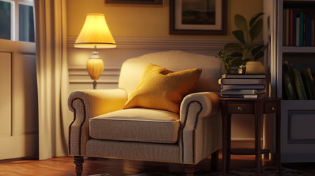 A cozy living room scene featuring an elegant armchair, warm lamp light, and neatly arranged books. Perfect for invoking comfort and relaxation in home decor.の素材