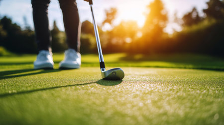 A golfer stands ready to swing on a lush green golf course during sunset, capturing a moment of focus and relaxation in outdoor sports.の素材