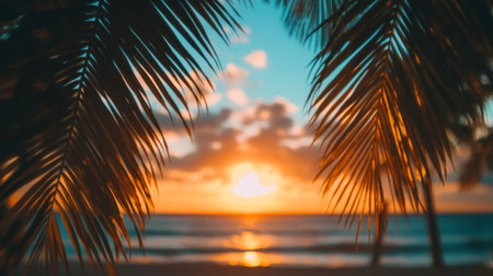 A stunning sunset viewed through palm leaves at a tranquil beach. The scene showcases vibrant colors, creating a serene and peaceful atmosphere perfect for relaxation.の素材