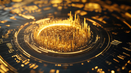 Vibrant golden abstract design representing data visualization. This artistic image features a circular pattern with dynamic, glowing elements, perfect for tech-related projects.の素材