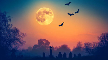 A breathtaking scene of a full moon illuminating a graveyard with bats flying overhead, creating an eerie yet captivating atmosphere for Halloween.の素材