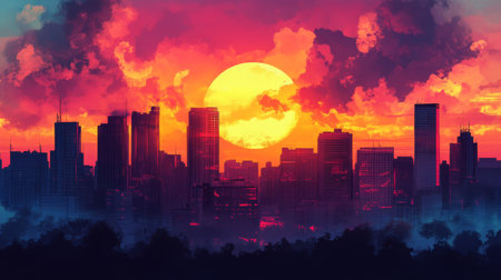 A stunning sunset casts vibrant colors over a city skyline, silhouetting modern buildings against a dramatic sky filled with clouds, creating a peaceful atmosphere.の素材