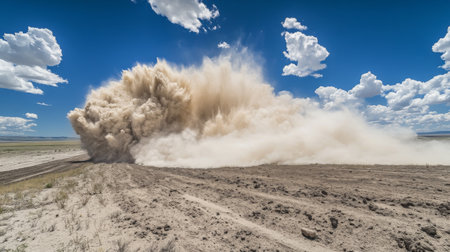 A dramatic dust cloud erupts in a rural landscape, showcasing the beauty of nature during windy weather against a vivid blue sky. Perfect for showcasing environmental themes.の素材