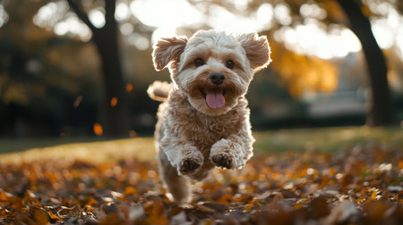 A joyful dog leaps through colorful autumn leaves in a sunny park, capturing the essence of playfulness and freedom amidst nature's beauty.の素材
