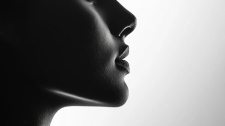 Elegant silhouette of a woman's profile, showcasing the contours of her face against a soft background. The artistic composition highlights beauty and grace.の素材