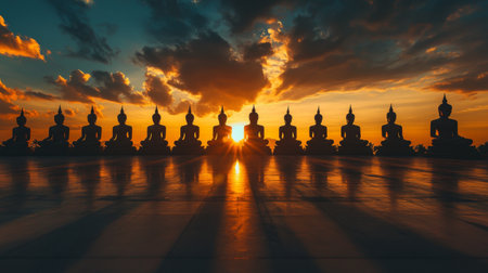 A breathtaking scene featuring silhouettes of Buddha statues against a vibrant sunset, blending tranquility and spirituality into a stunning landscape.の素材