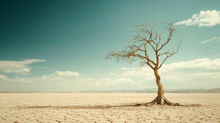 A lone tree stands resilient in a dry, cracked landscape, capturing the essence of solitude and the harsh beauty of nature in arid environments.の素材