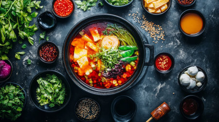 A colorful array of fresh ingredients for hot pot is artfully arranged on a dark surface, showcasing herbs, vegetables, spices, and sauces perfect for communal dining.の素材