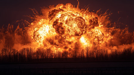 A breathtaking view of a massive explosion at dusk, showcasing intense flames and smoke rising above silhouetted trees, creating a dramatic and powerful scene.の素材